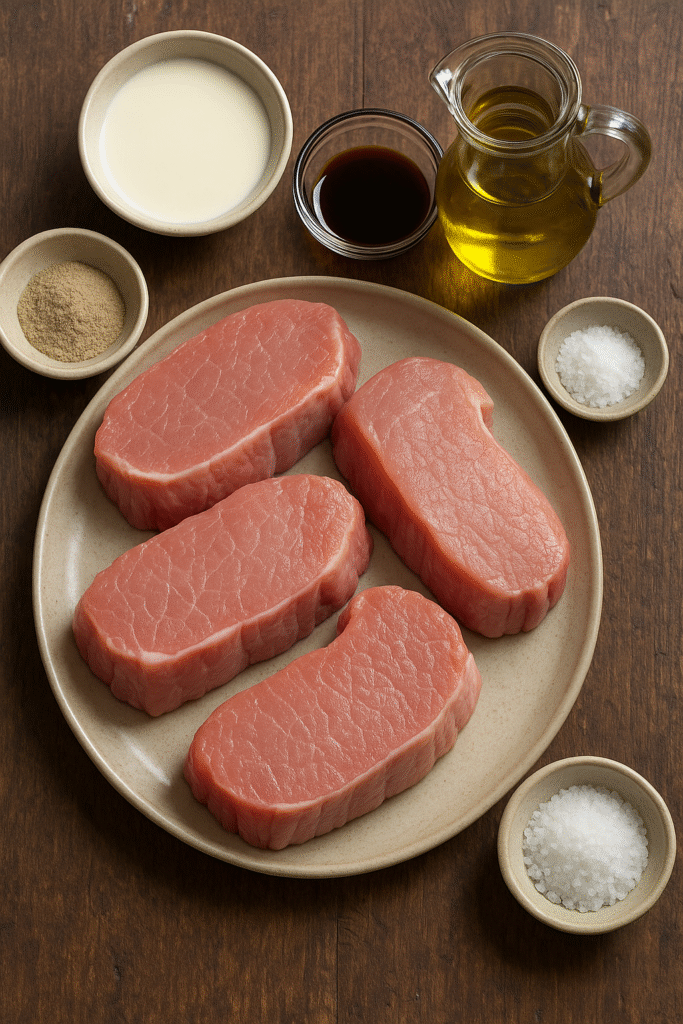 Pork Loin, White Pepper, Worcestershire Sauce, Olive Oil, White wine, Salt and Heavy cream