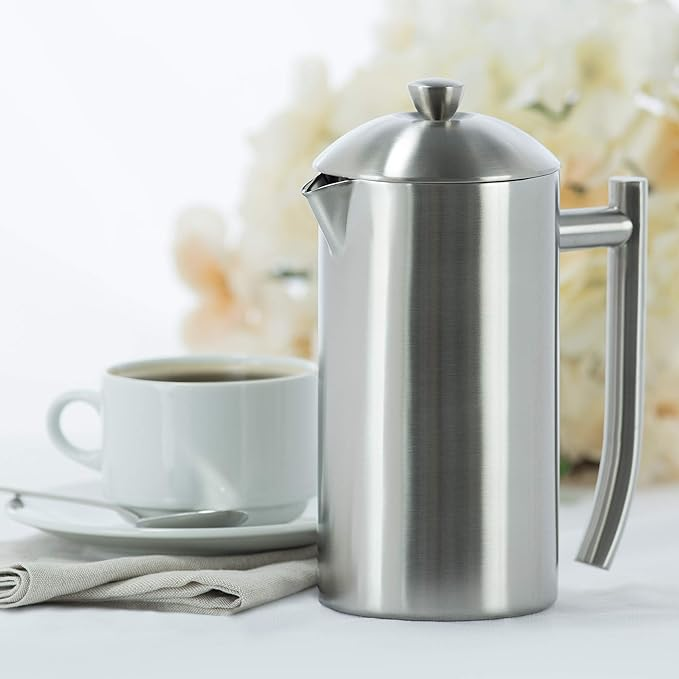 Frieling Double Wall French Press with a cup of coffee