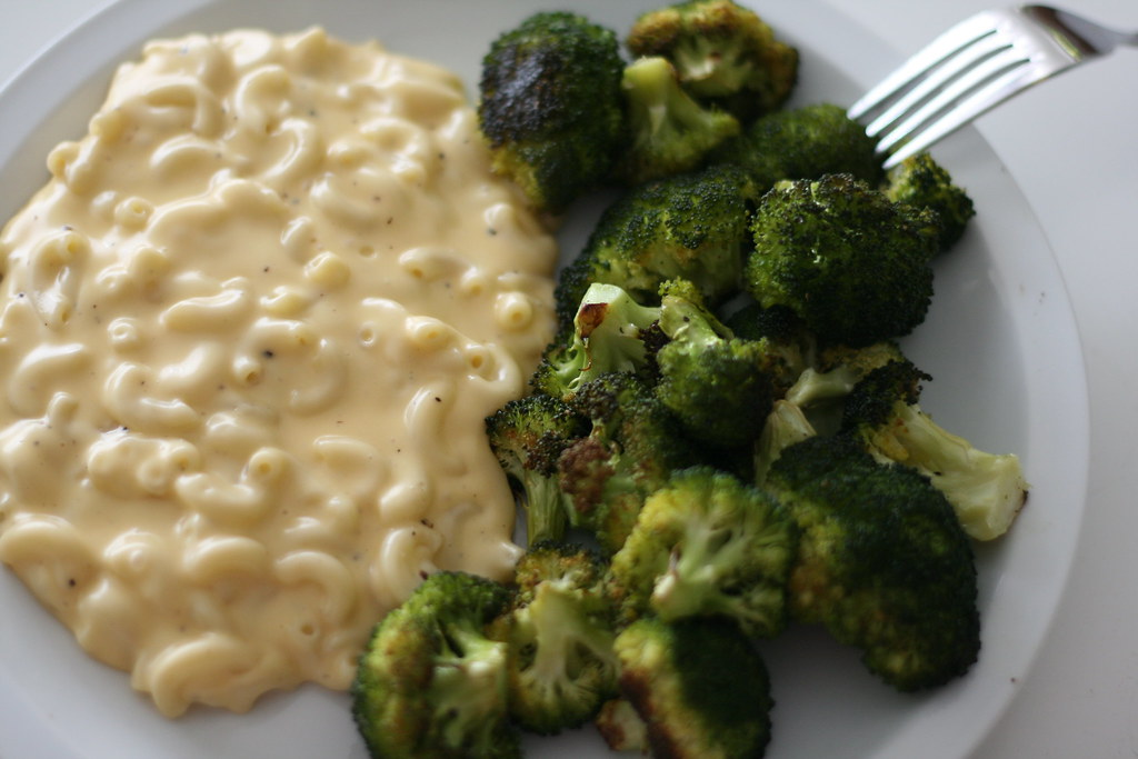 Fresh Broccoli served with Mac and Cheese in a dish