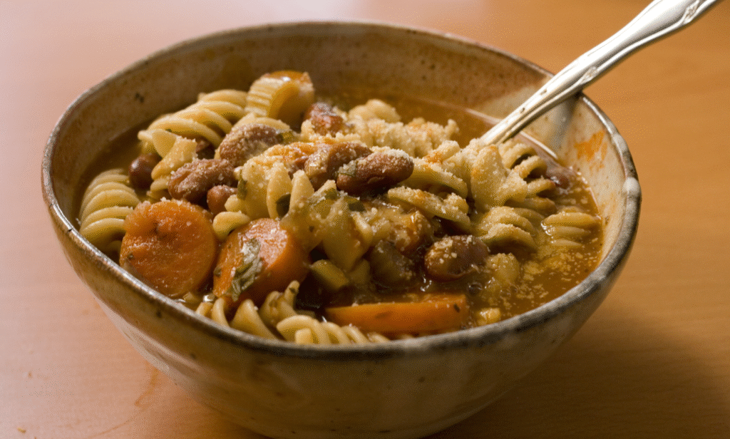 Minestrone Soup with pasta and vegetables in a bowl